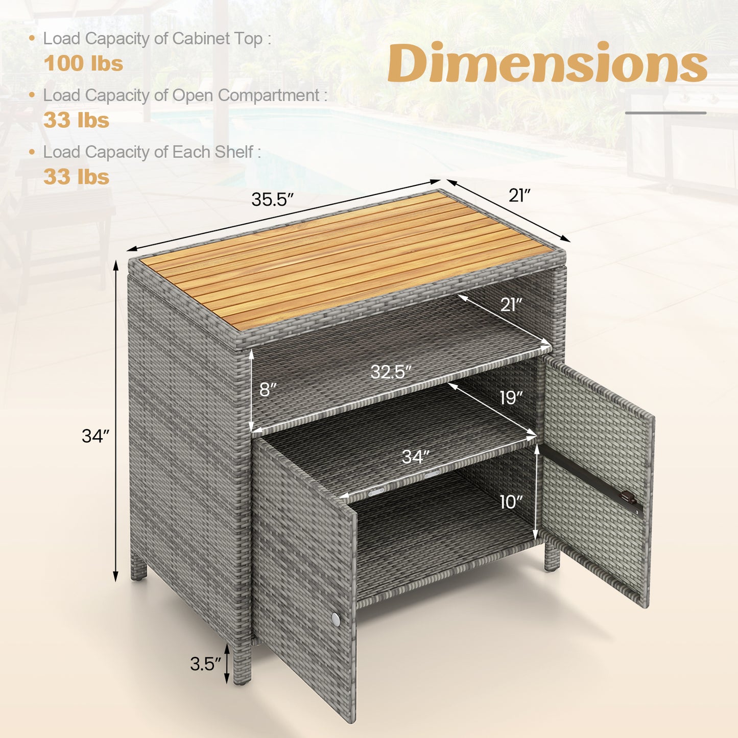Outdoor Rattan Storage Cabinet with Acacia Wood Top for Patio Deck and Poolside - Grey