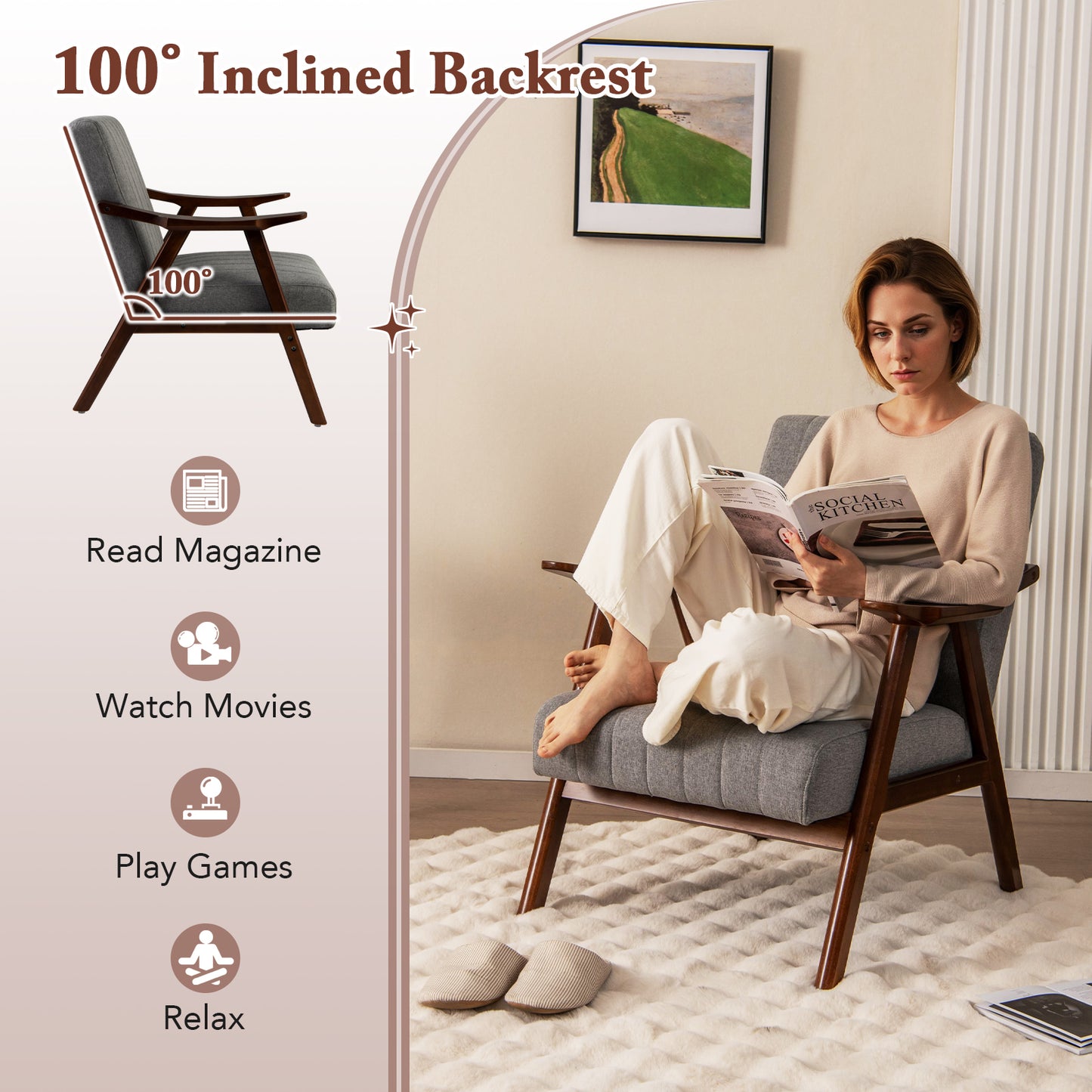 Ergonomic Lounge Armchair with Thick Cushion and Felt Pads Light Grey