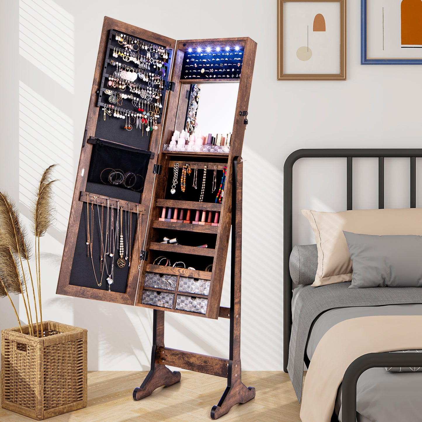 LED Lighted Full-Length Mirror Jewelry Armoire with Lockable Storage and Adjustable Angle – Rustic Brown
