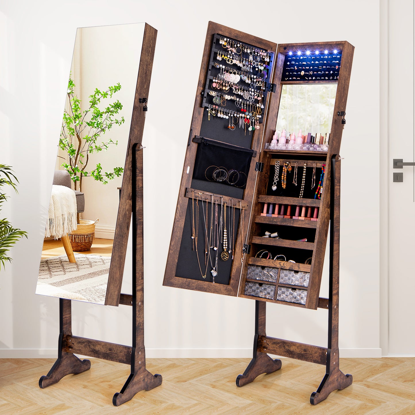 LED Lighted Full-Length Mirror Jewelry Armoire with Lockable Storage and Adjustable Angle – Rustic Brown