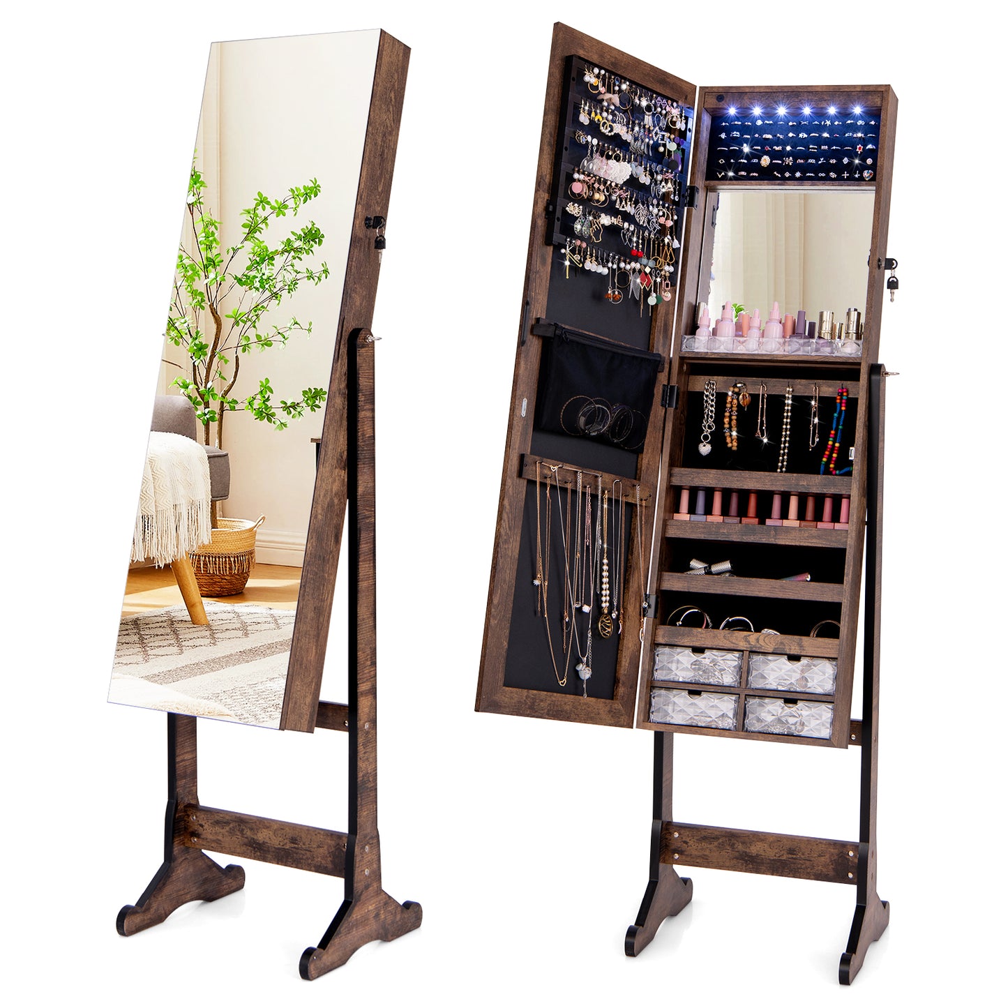 LED Lighted Full-Length Mirror Jewelry Armoire with Lockable Storage and Adjustable Angle – Rustic Brown