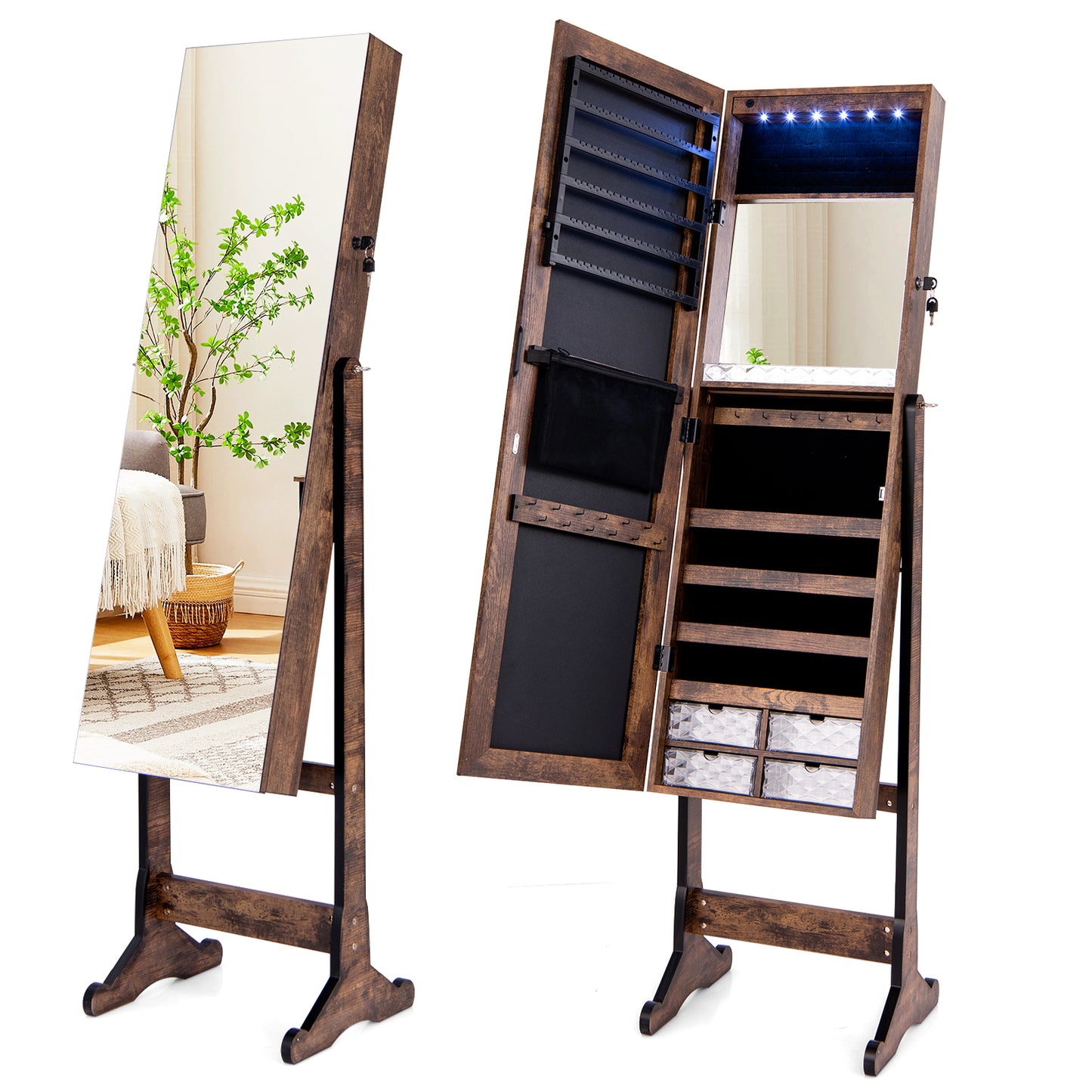 LED Lighted Full-Length Mirror Jewelry Armoire with Lockable Storage and Adjustable Angle – Rustic Brown