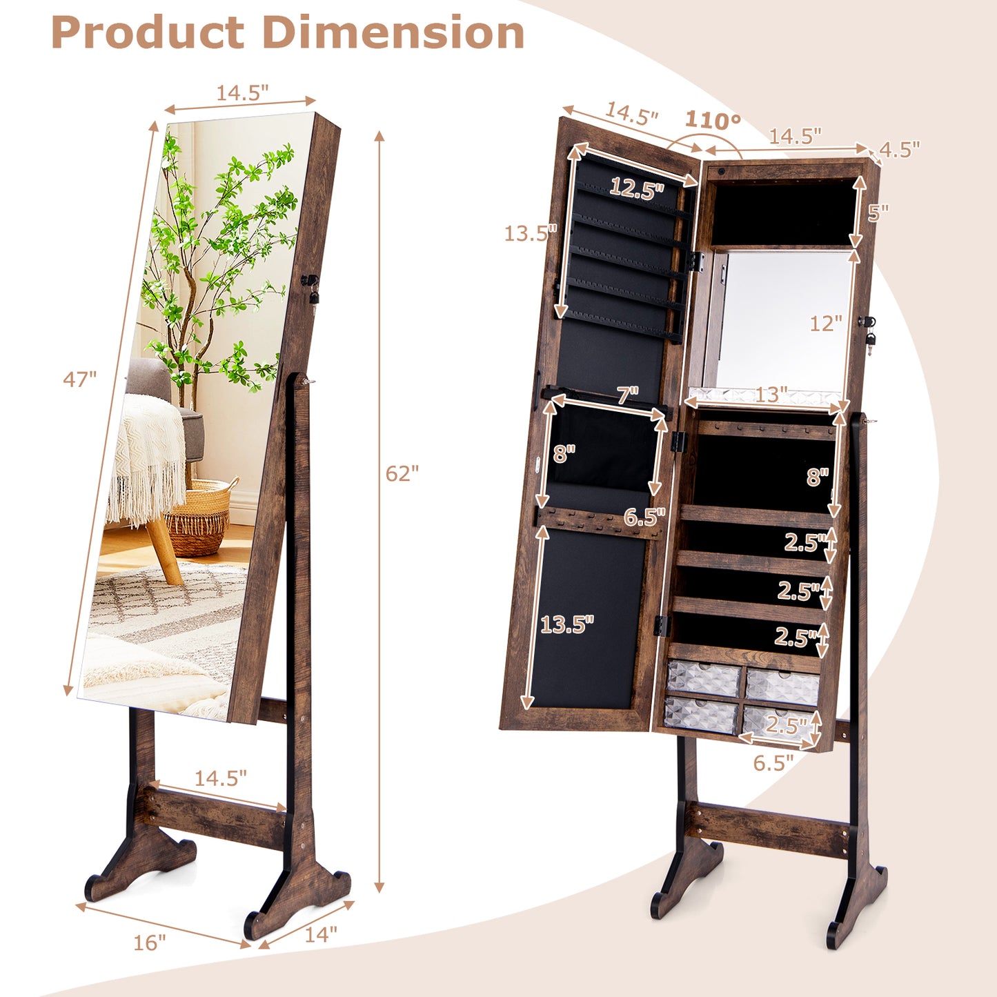 LED Lighted Full-Length Mirror Jewelry Armoire with Lockable Storage and Adjustable Angle – Rustic Brown