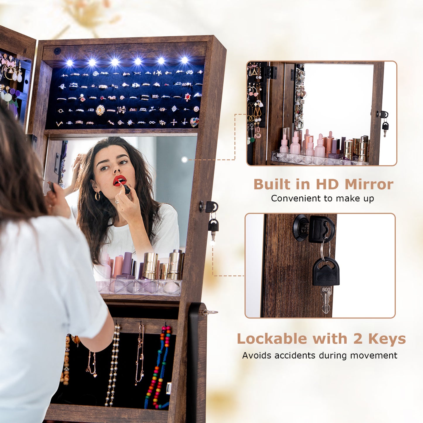 LED Lighted Full-Length Mirror Jewelry Armoire with Lockable Storage and Adjustable Angle – Rustic Brown