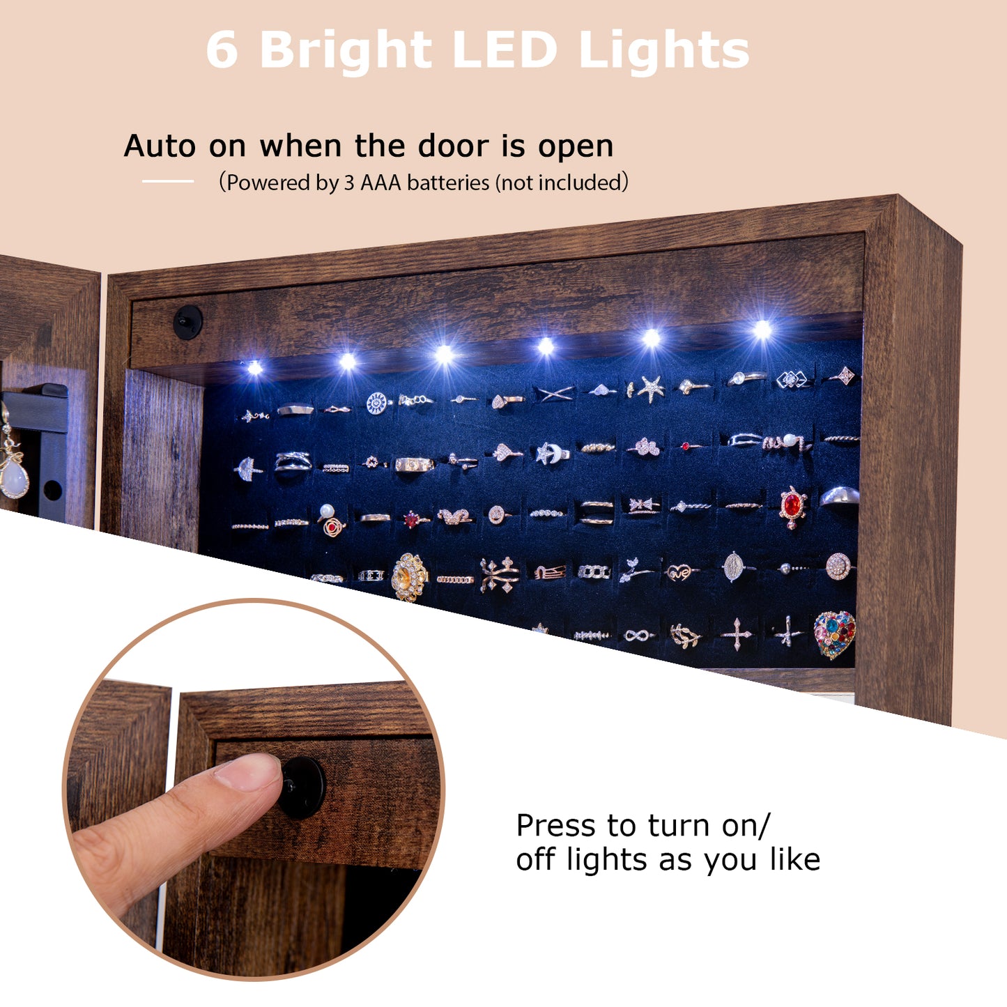 LED Lighted Full-Length Mirror Jewelry Armoire with Lockable Storage and Adjustable Angle – Rustic Brown