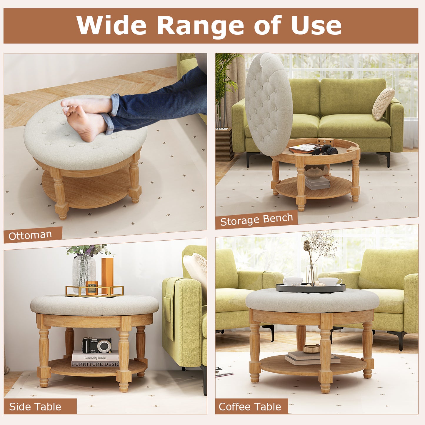 Tufted Round Ottoman Coffee Table with Flip Top and 2-Tier Storage Upholstered Footrest
