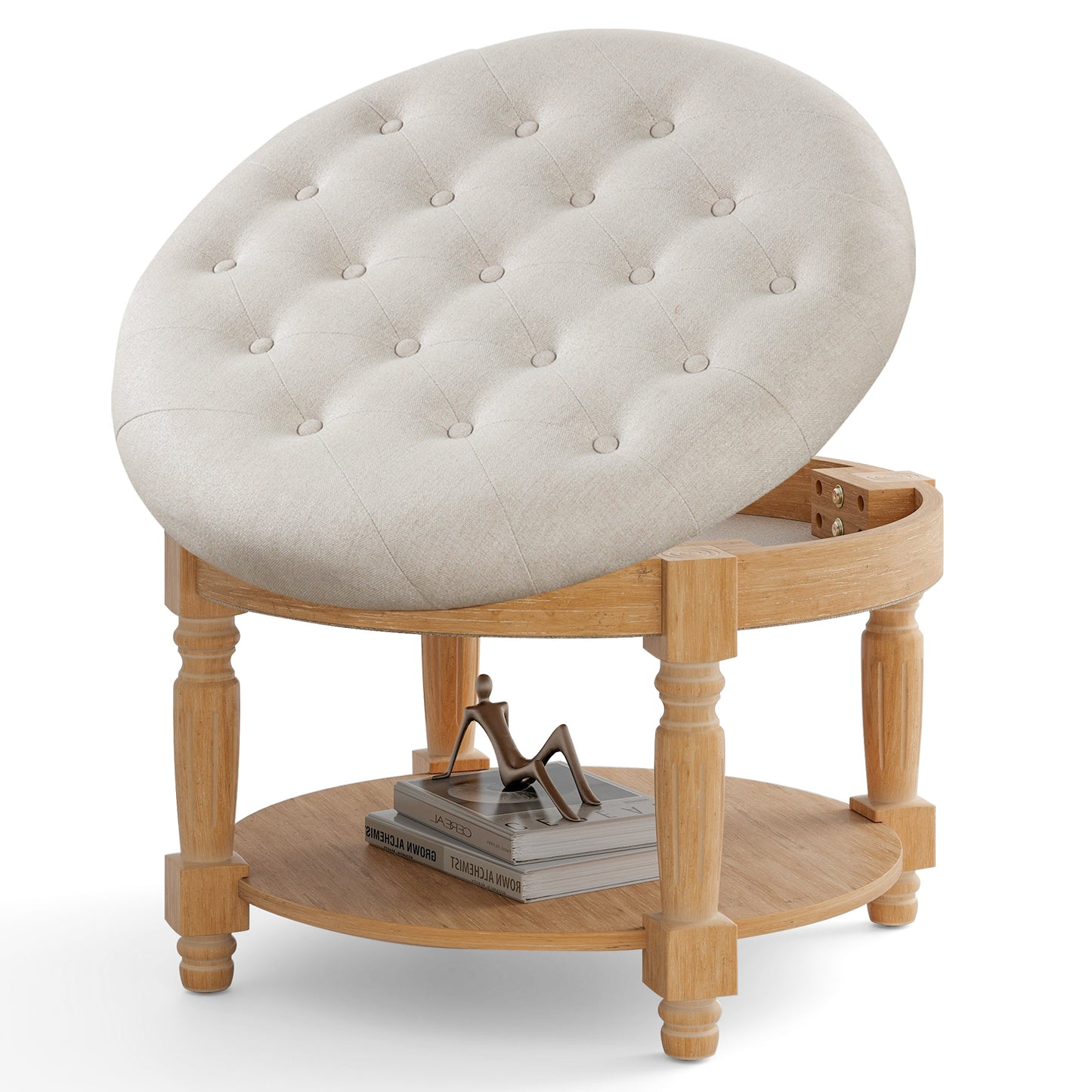 Tufted Round Ottoman Coffee Table with Flip Top and 2-Tier Storage Upholstered Footrest