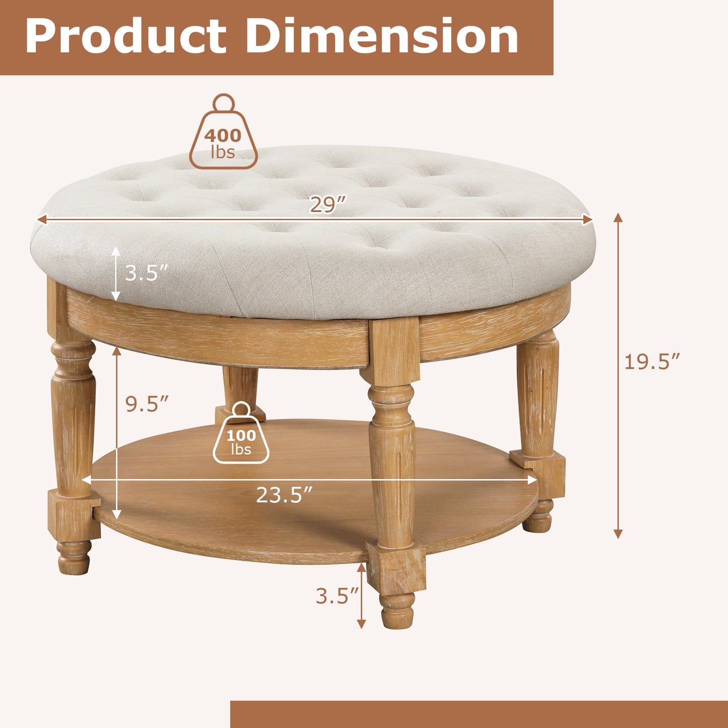 Tufted Round Ottoman Coffee Table with Flip Top and 2-Tier Storage Upholstered Footrest