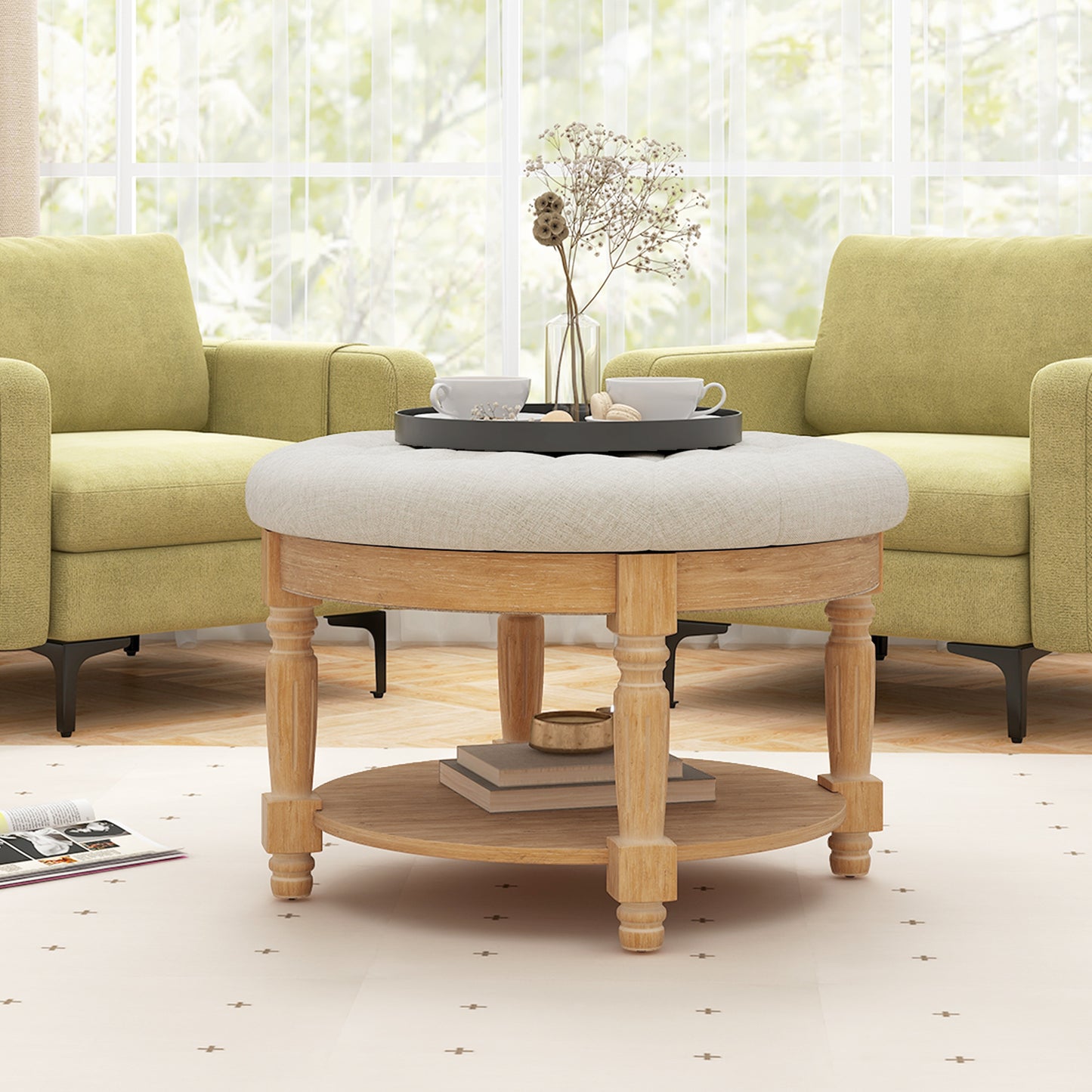 Tufted Round Ottoman Coffee Table with Flip Top and 2-Tier Storage Upholstered Footrest