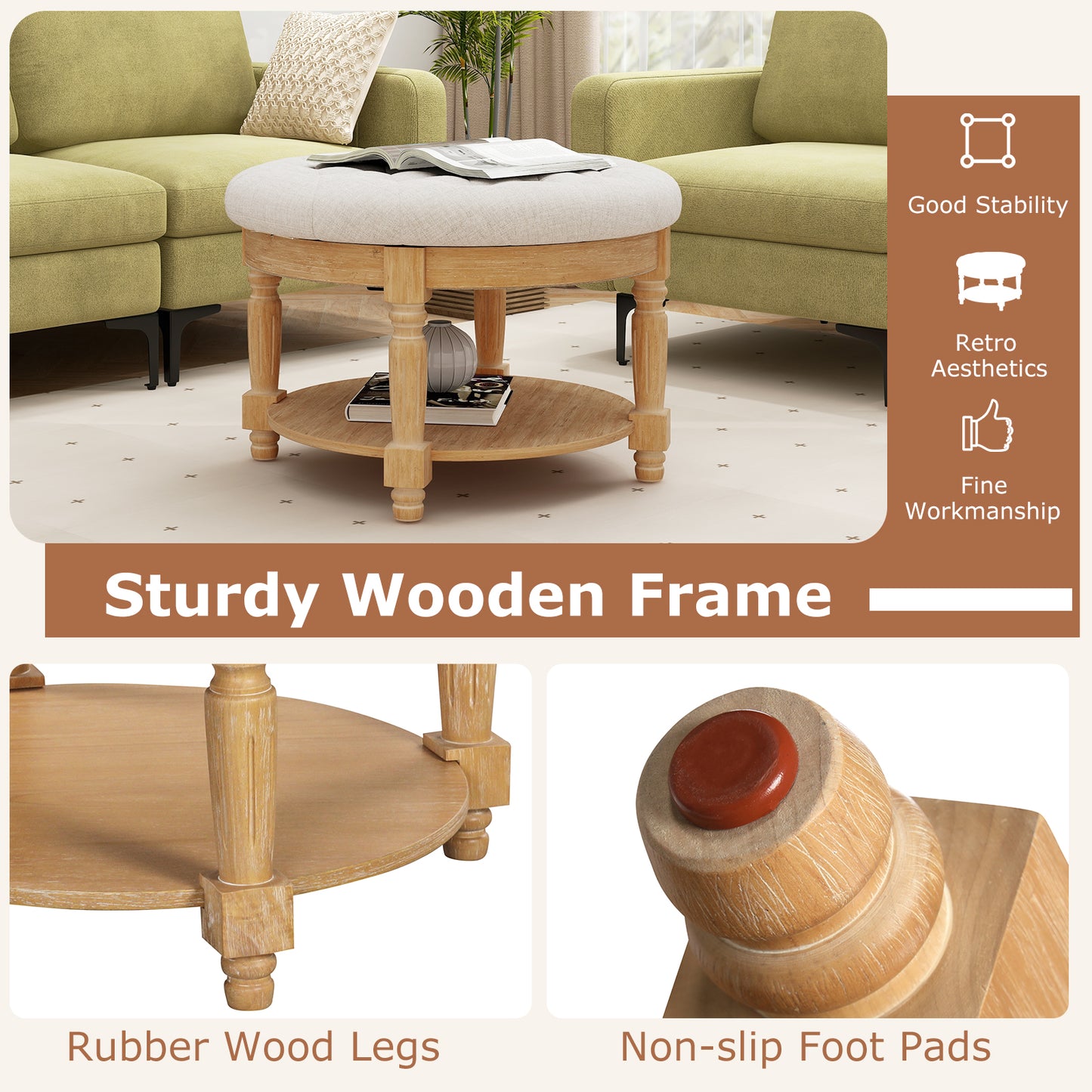 Tufted Round Ottoman Coffee Table with Flip Top and 2-Tier Storage Upholstered Footrest