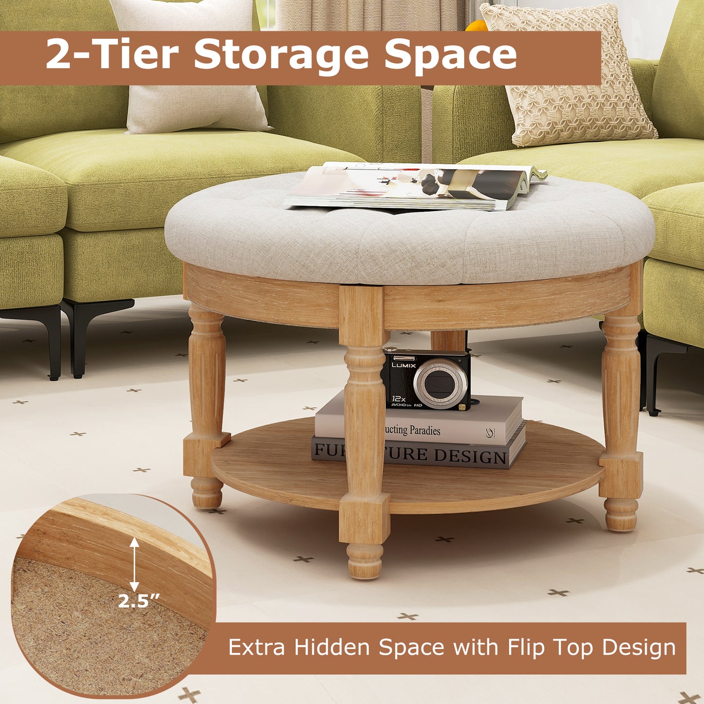 Tufted Round Ottoman Coffee Table with Flip Top and 2-Tier Storage Upholstered Footrest