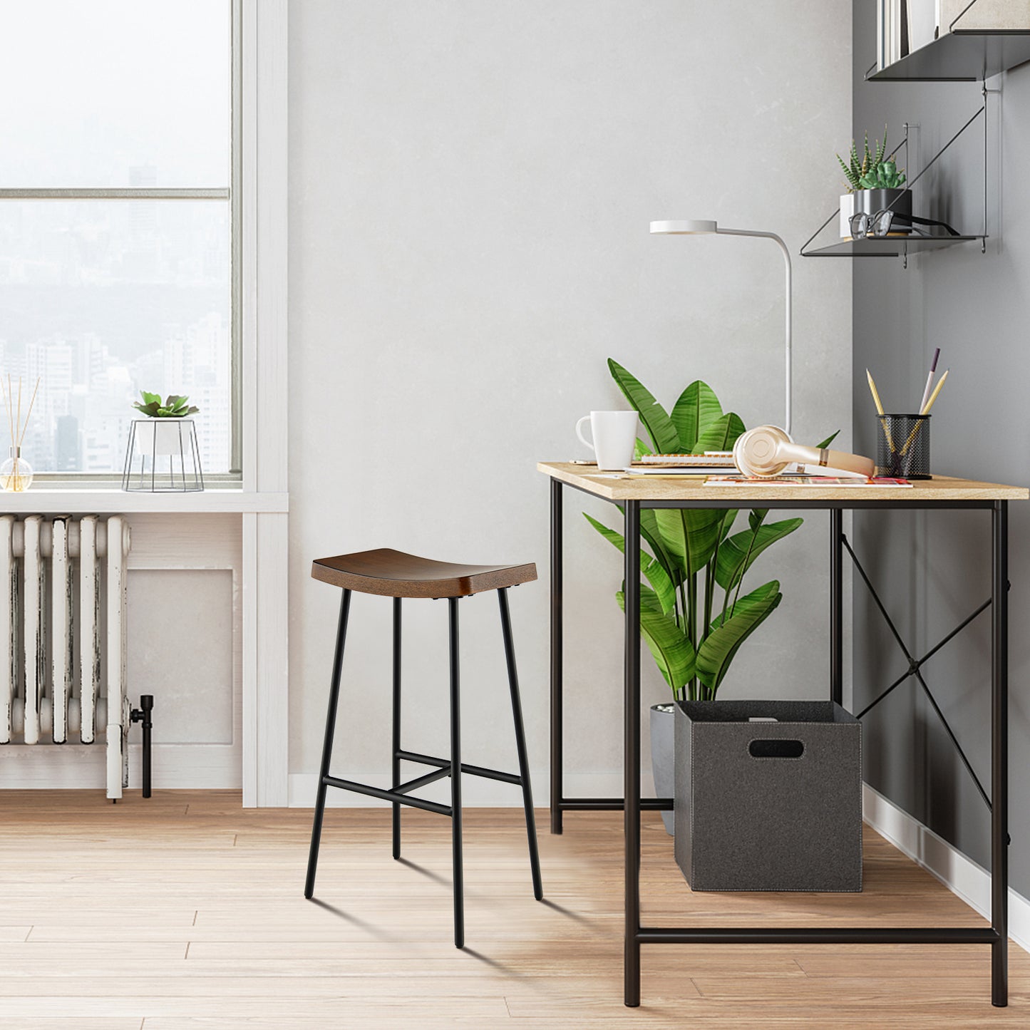 Industrial Saddle Bar Stool with 29 Inch Seat Height and Metal Legs