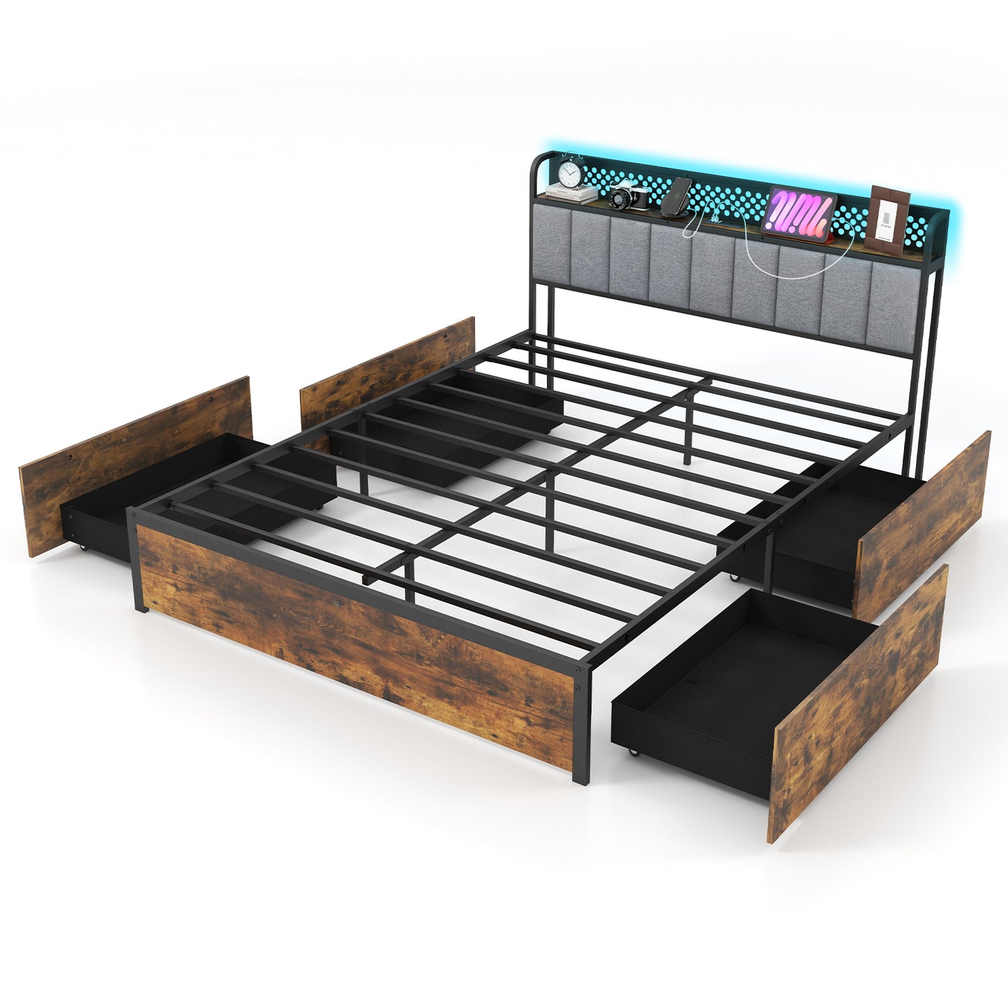 LED Bed Frame with Padded Headboard, Built-in Charging Station and Underbed Storage – Queen