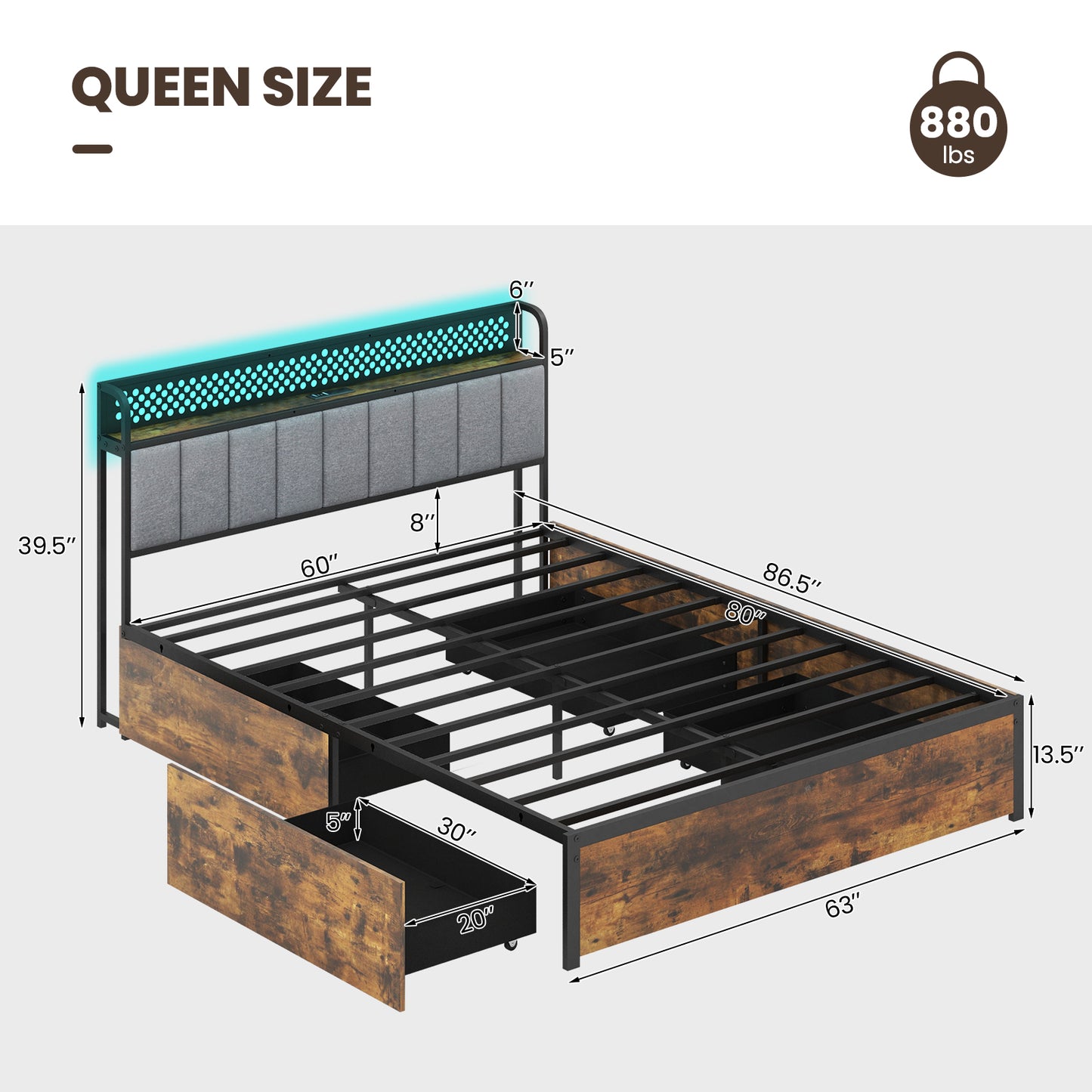 LED Bed Frame with Padded Headboard, Built-in Charging Station and Underbed Storage – Queen