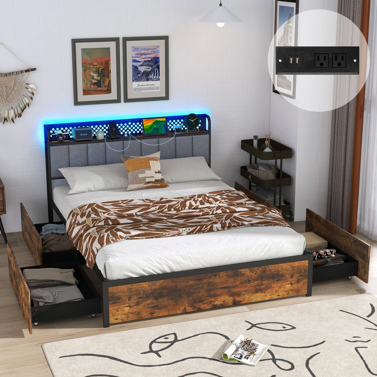 LED Bed Frame with Padded Headboard, Built-in Charging Station and Underbed Storage – Queen