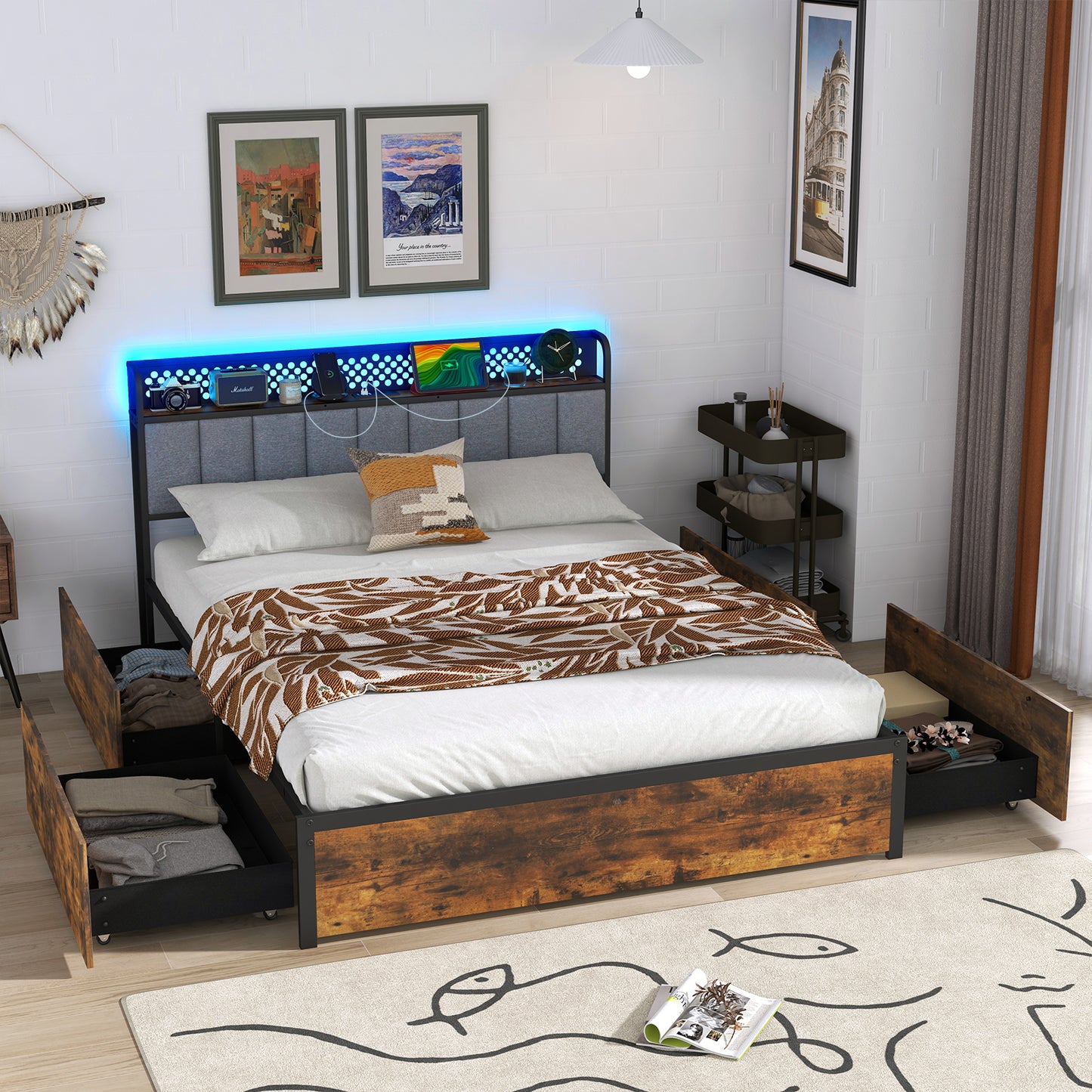 LED Bed Frame with Padded Headboard, Built-in Charging Station and Underbed Storage – Queen