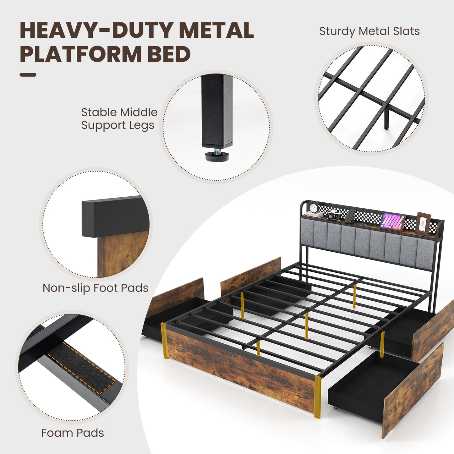 LED Bed Frame with Padded Headboard, Built-in Charging Station and Underbed Storage – Queen