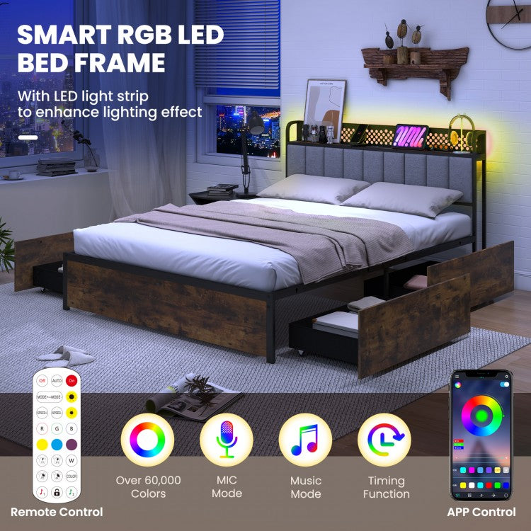 LED Bed Frame with Padded Headboard, Built-in Charging Station and Underbed Storage – Queen