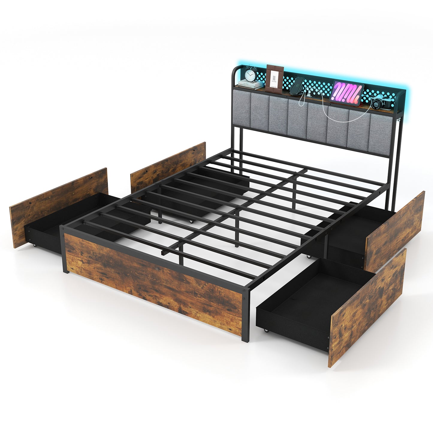 LED Bed Frame with Padded Headboard, Built-in Charging Station and Underbed Storage – Full