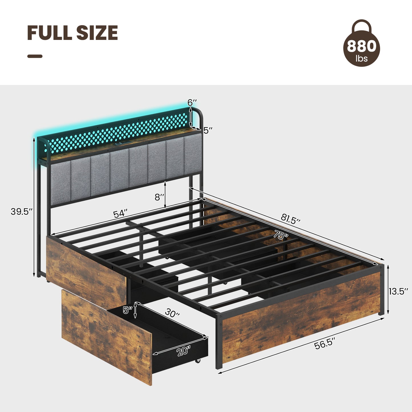LED Bed Frame with Padded Headboard, Built-in Charging Station and Underbed Storage – Full