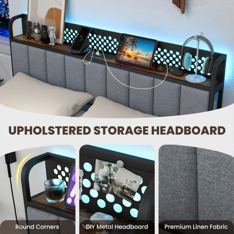 LED Bed Frame with Padded Headboard, Built-in Charging Station and Underbed Storage – Full