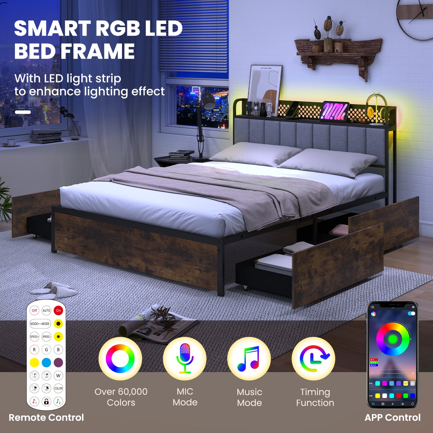 LED Bed Frame with Padded Headboard, Built-in Charging Station and Underbed Storage – Full