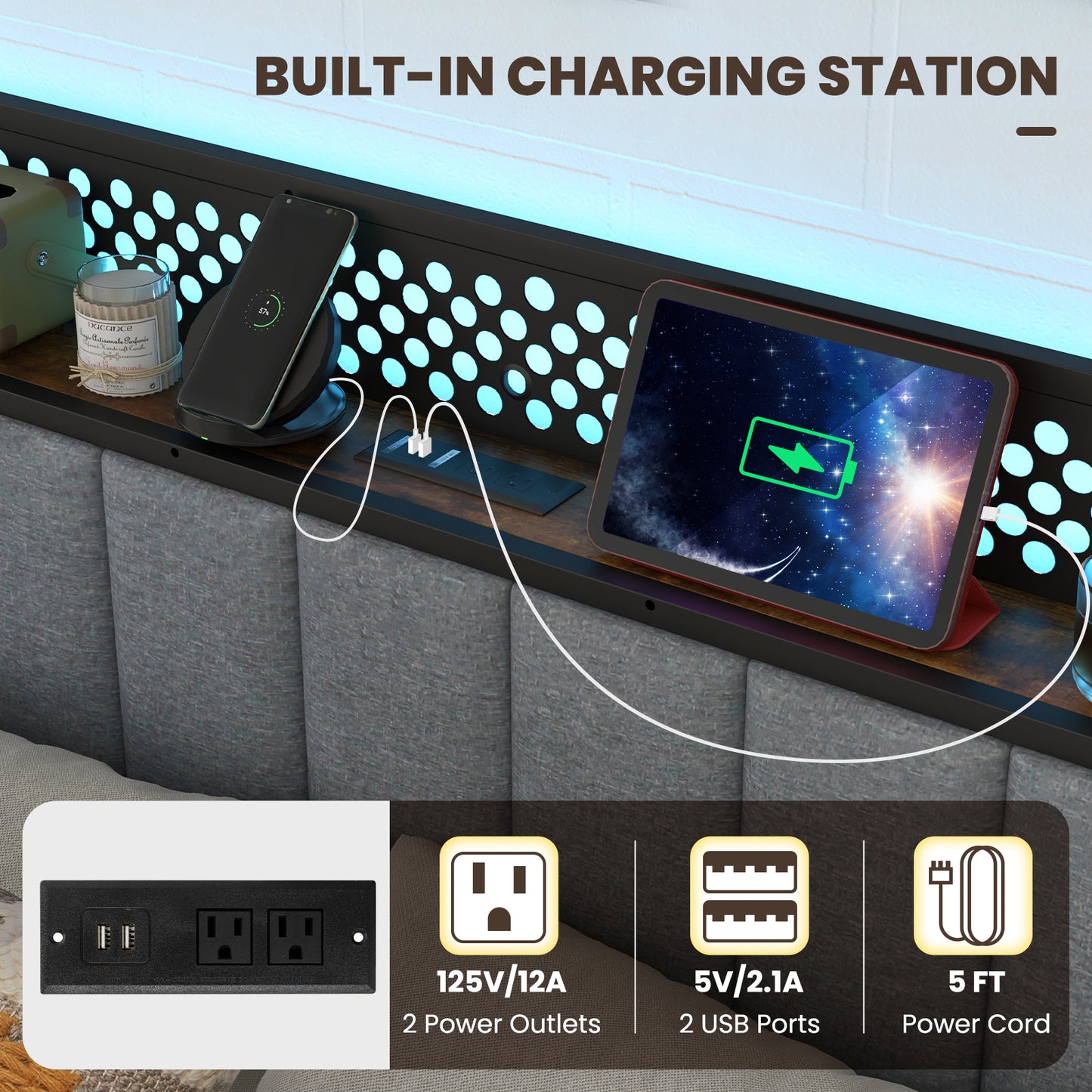 LED Bed Frame with Padded Headboard, Built-in Charging Station and Underbed Storage – Full