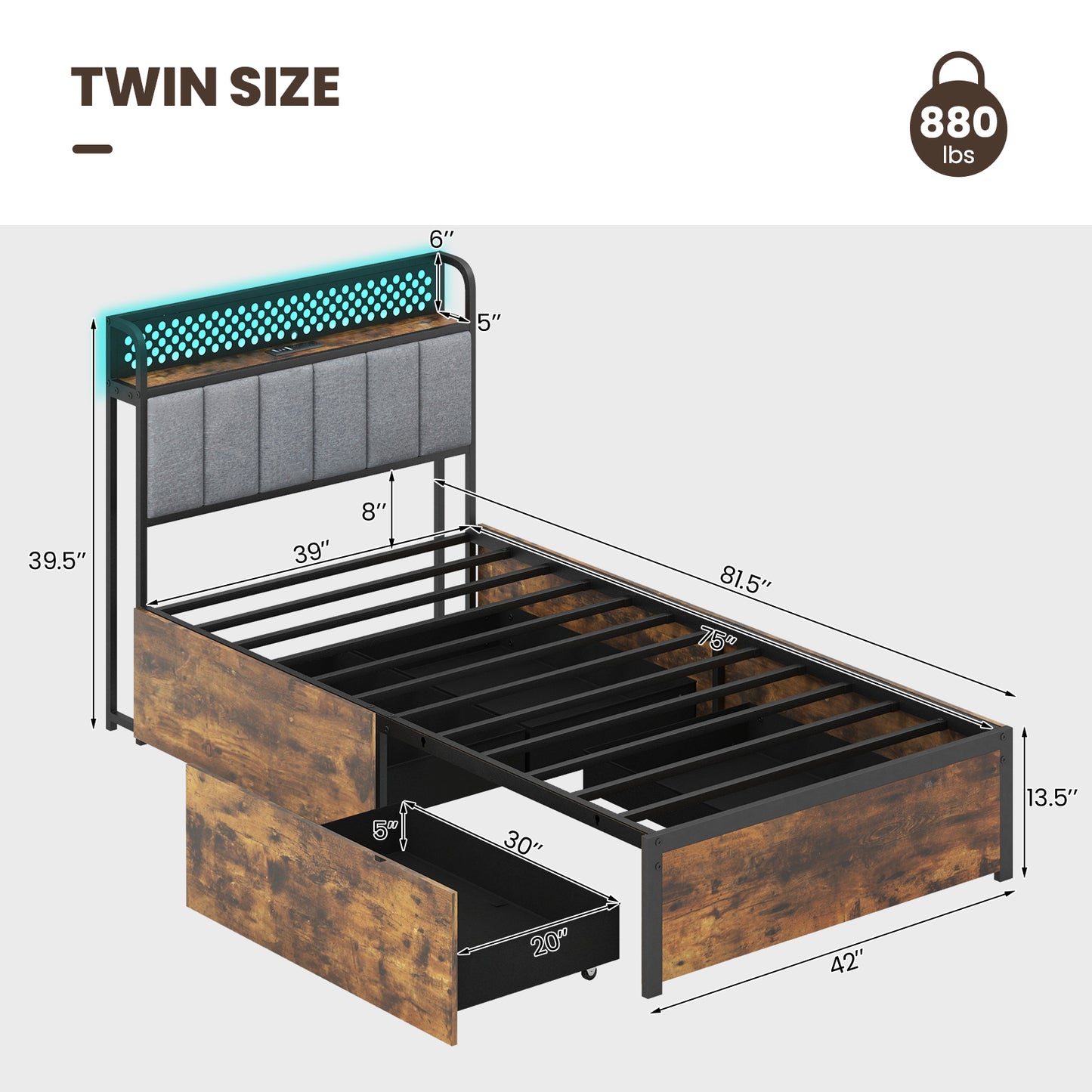 LED Bed Frame with Padded Headboard, Built-in Charging Station and Underbed Storage – Twin