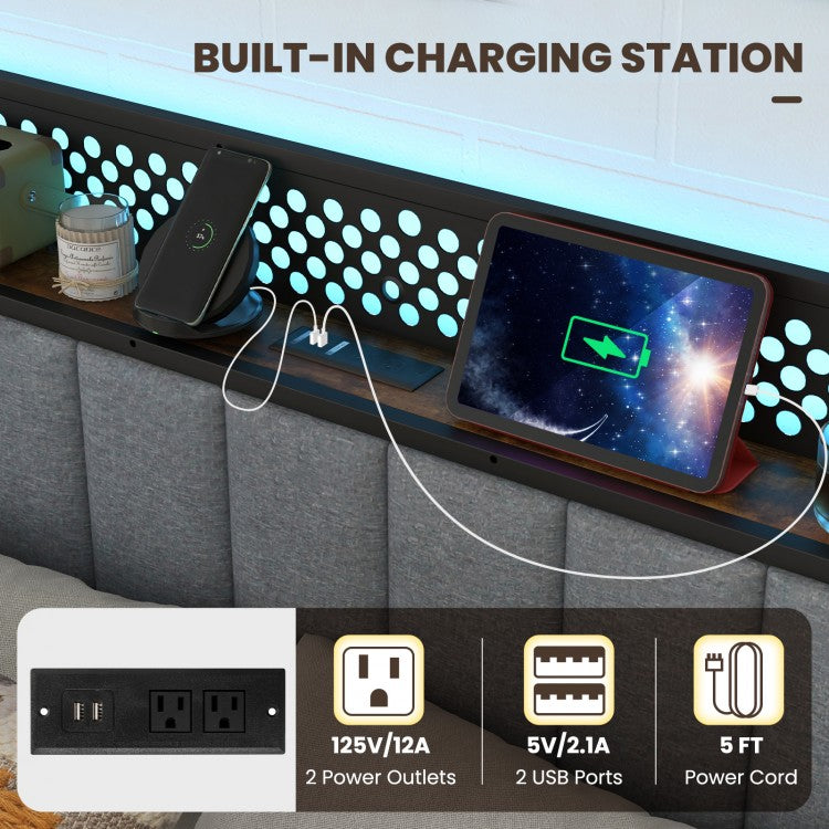 LED Bed Frame with Padded Headboard, Built-in Charging Station and Underbed Storage – Twin