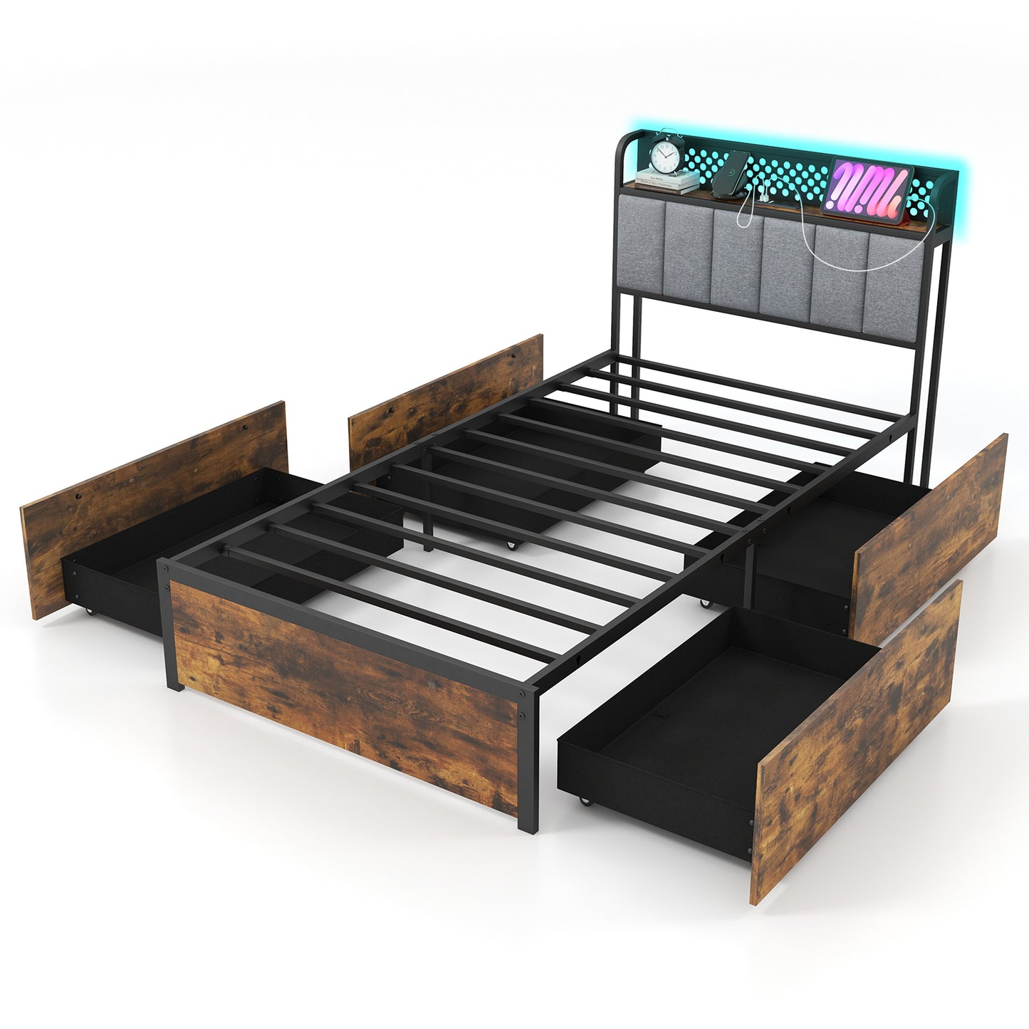 LED Bed Frame with Padded Headboard, Built-in Charging Station and Underbed Storage – Twin