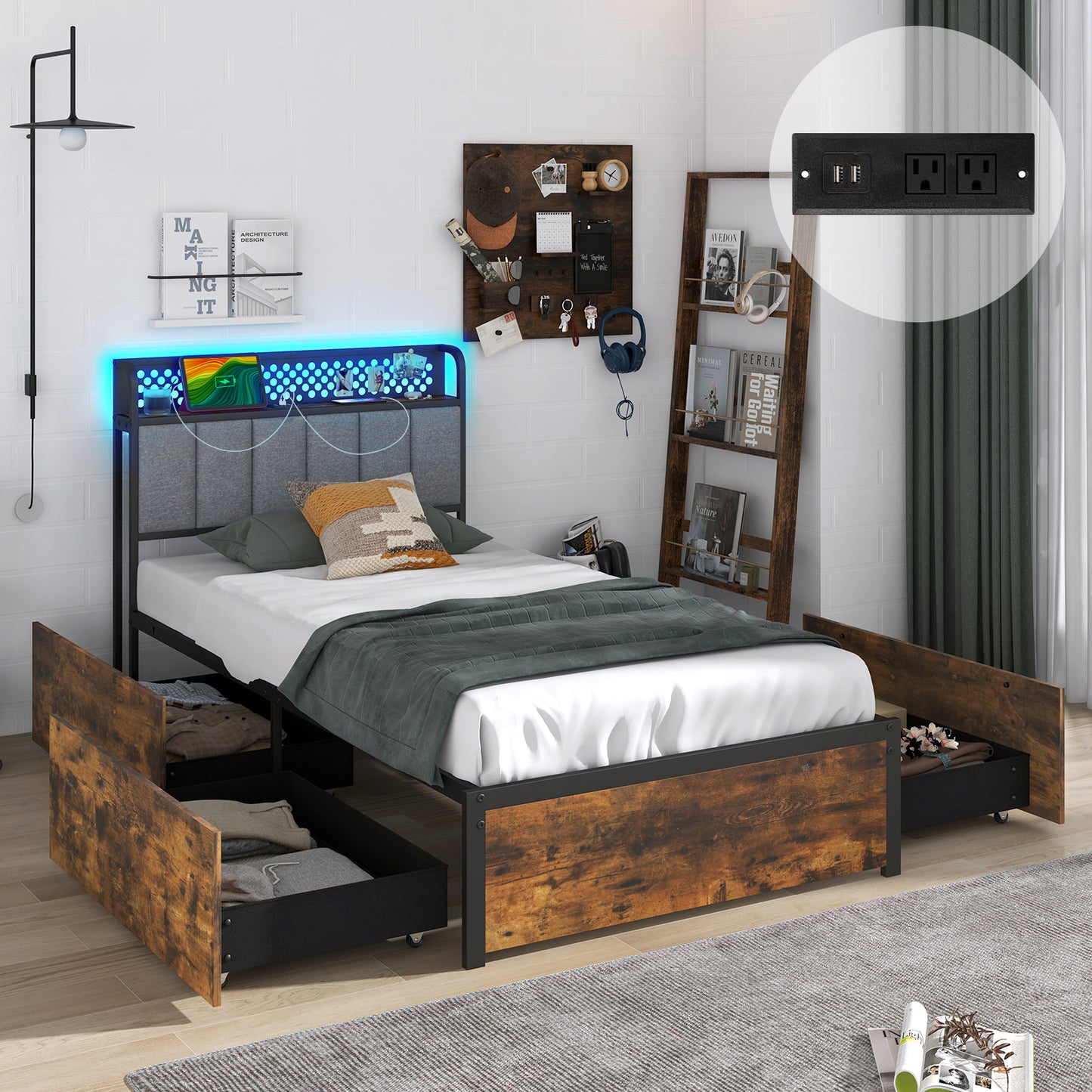 LED Bed Frame with Padded Headboard, Built-in Charging Station and Underbed Storage – Twin