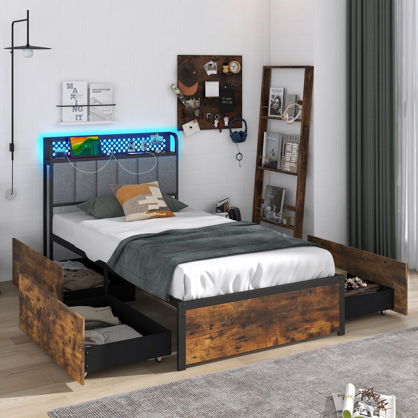 LED Bed Frame with Padded Headboard, Built-in Charging Station and Underbed Storage – Twin