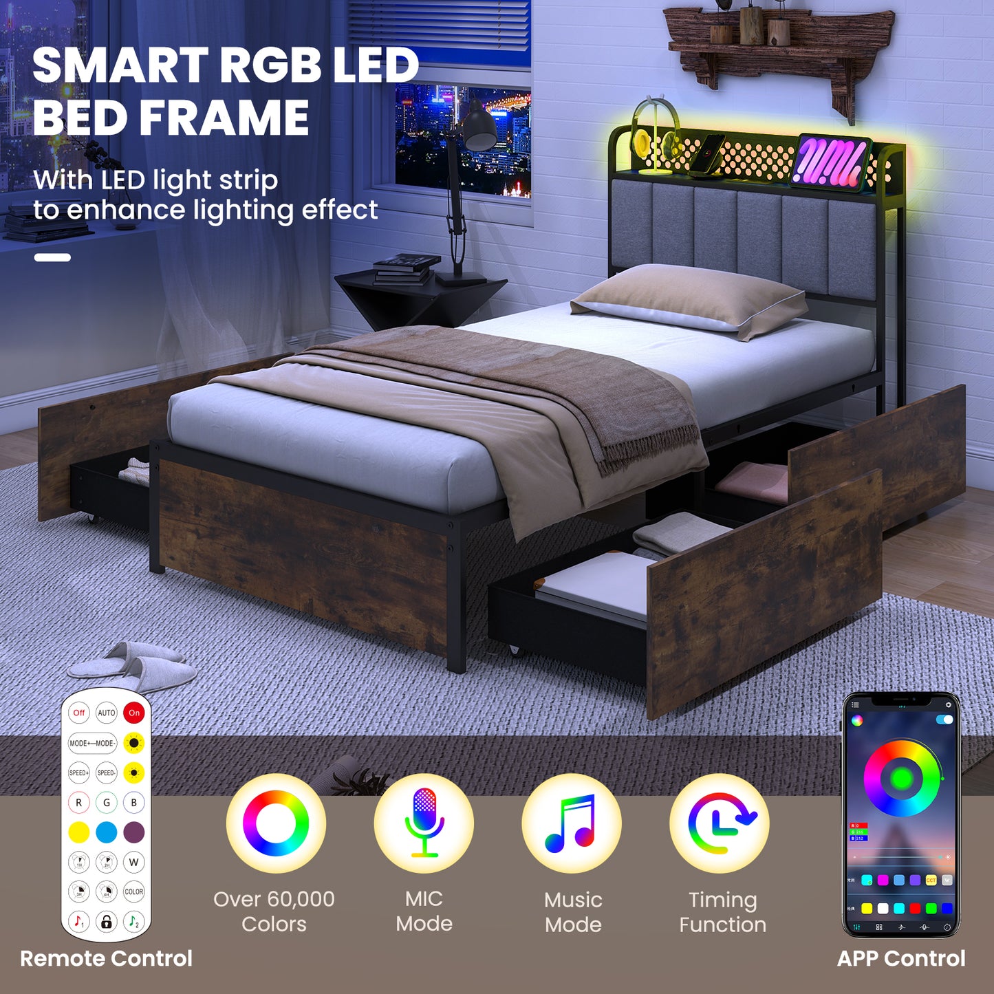 LED Bed Frame with Padded Headboard, Built-in Charging Station and Underbed Storage – Twin