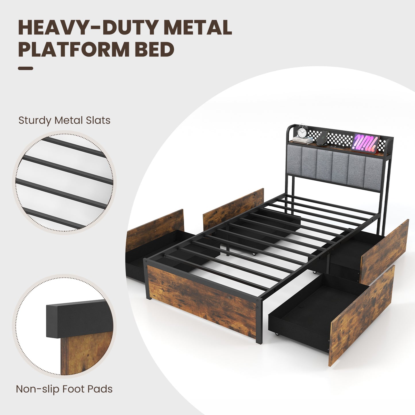 LED Bed Frame with Padded Headboard, Built-in Charging Station and Underbed Storage – Twin