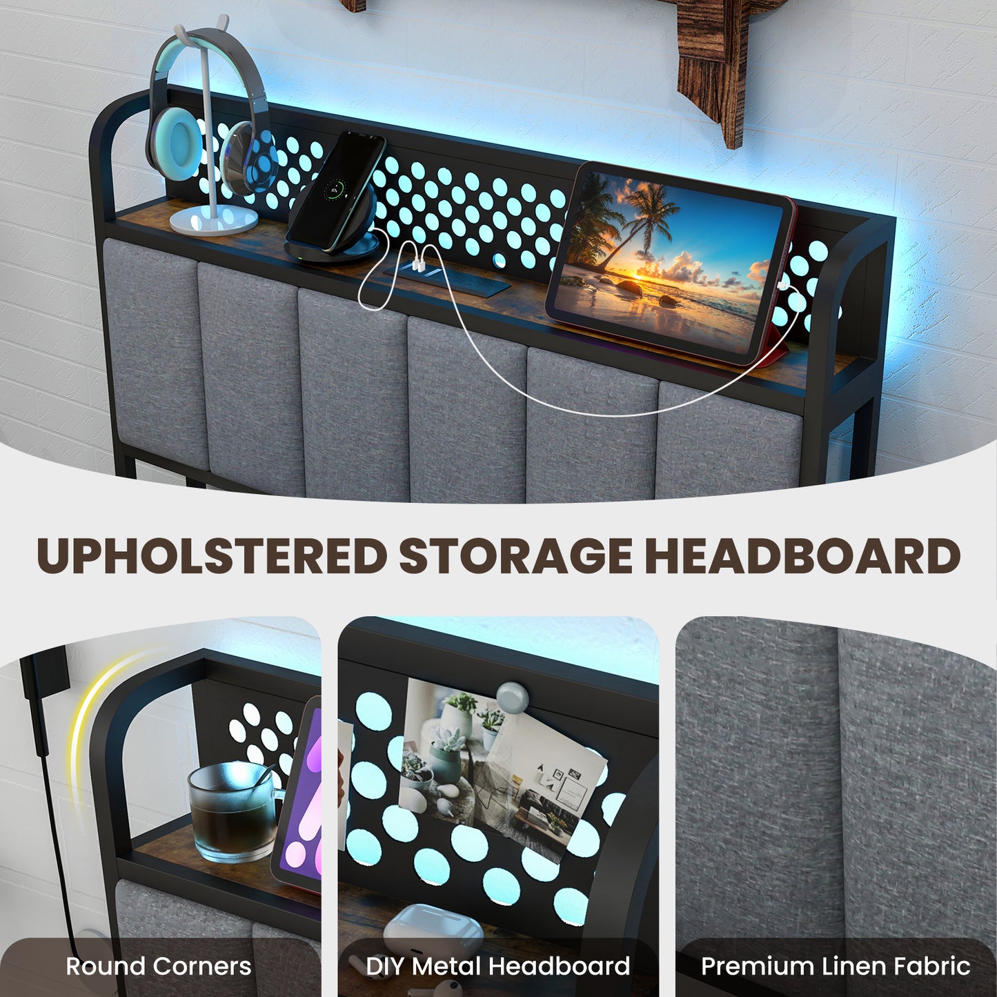 LED Bed Frame with Padded Headboard, Built-in Charging Station and Underbed Storage – Twin
