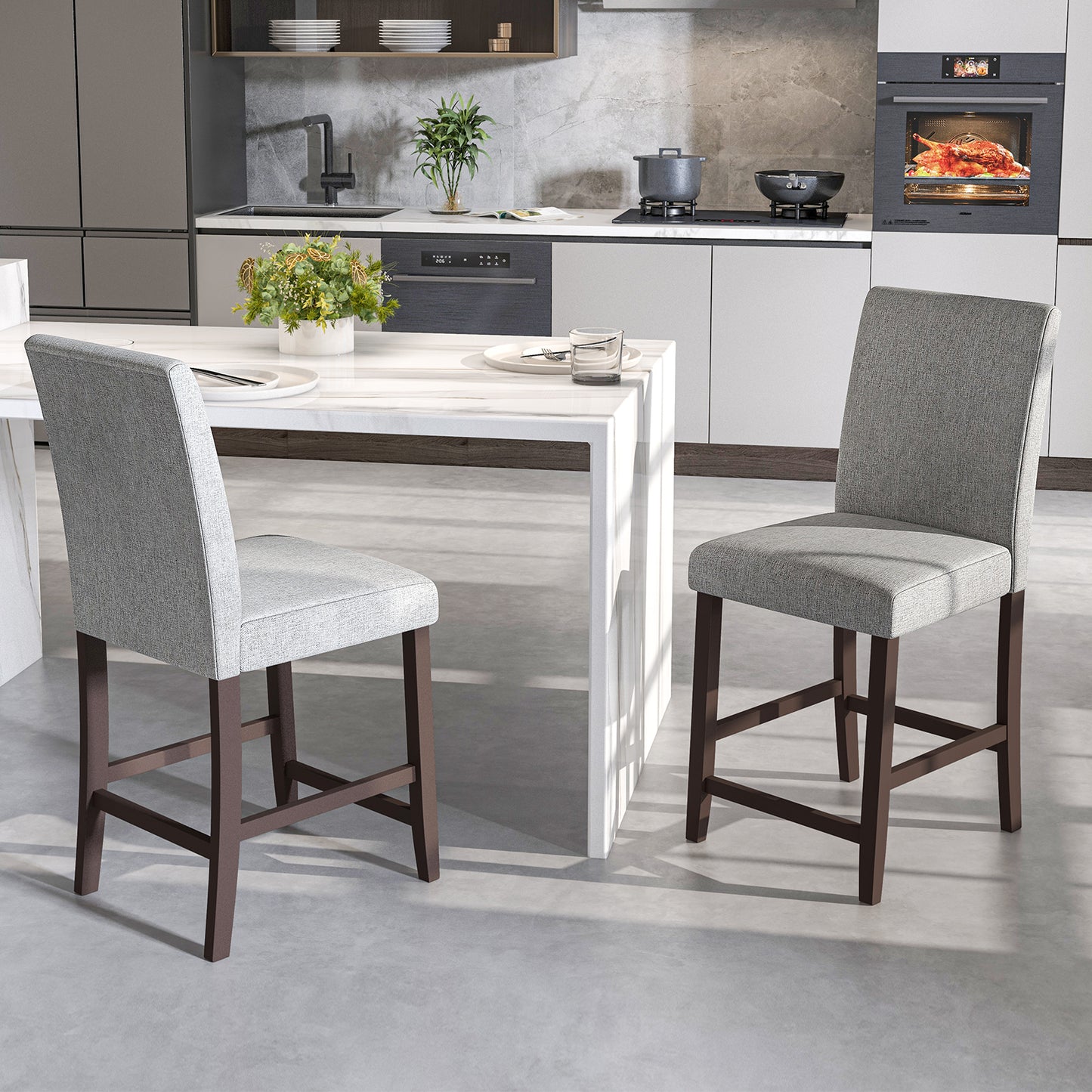 Set of 2 Upholstered 25 Inch Counter Height Bar Stools with Wood Legs - Grey