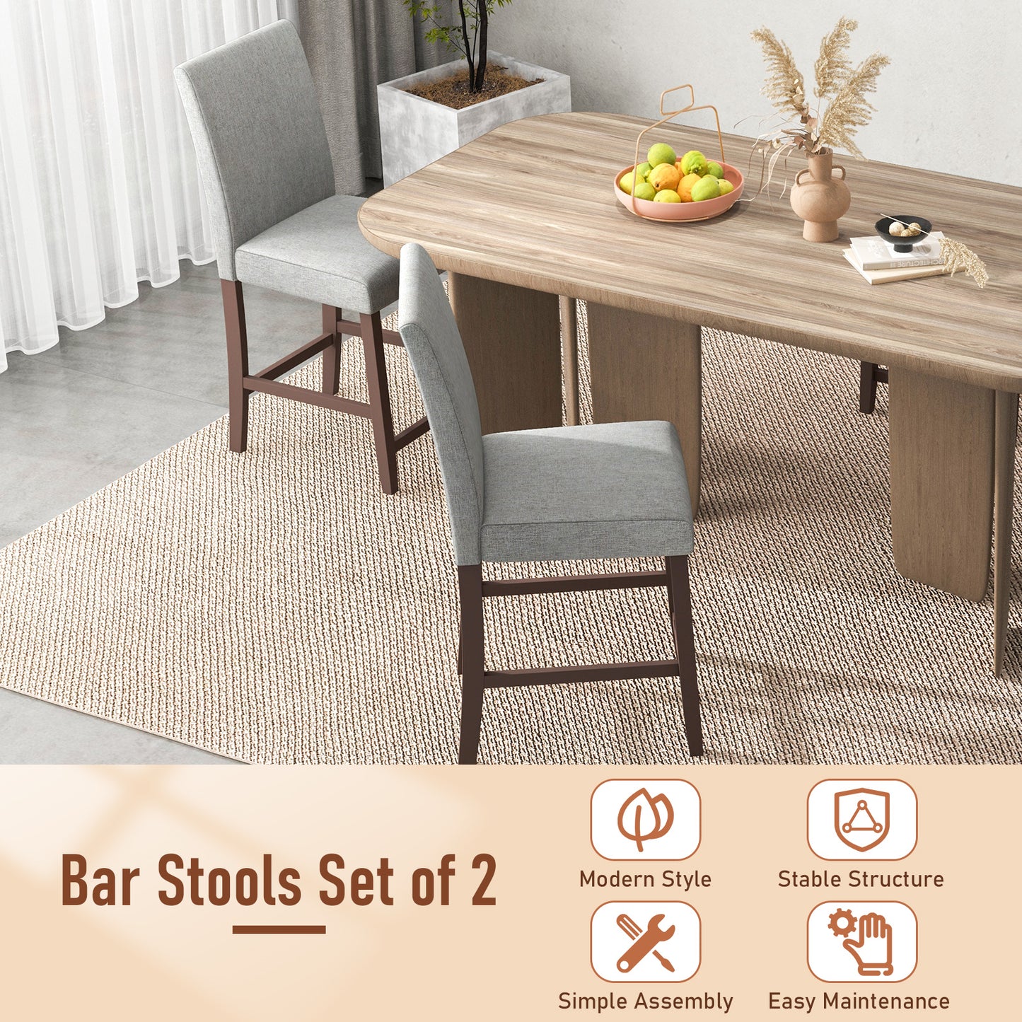 Set of 2 Upholstered 25 Inch Counter Height Bar Stools with Wood Legs - Grey