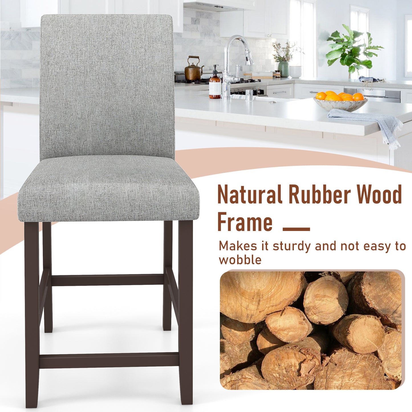 Set of 2 Upholstered 25 Inch Counter Height Bar Stools with Wood Legs - Grey