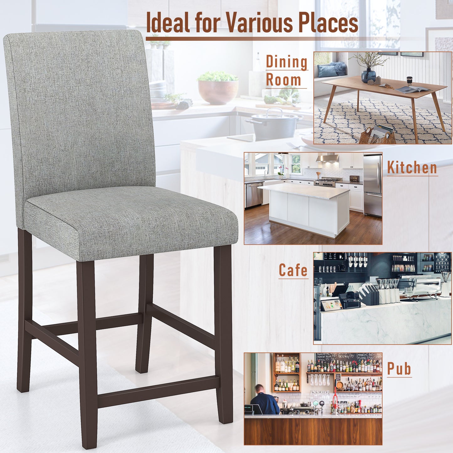 Set of 2 Upholstered 25 Inch Counter Height Bar Stools with Wood Legs - Grey