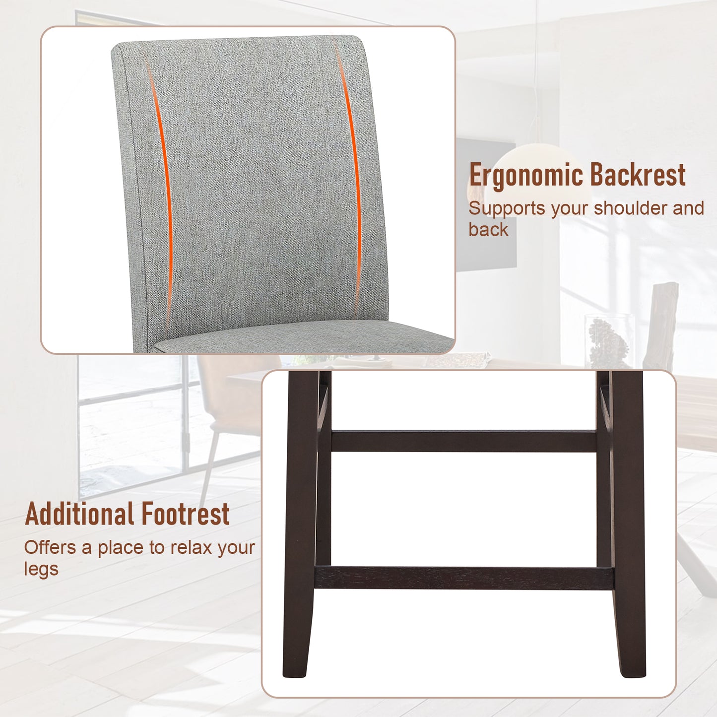 Set of 2 Upholstered 25 Inch Counter Height Bar Stools with Wood Legs - Grey