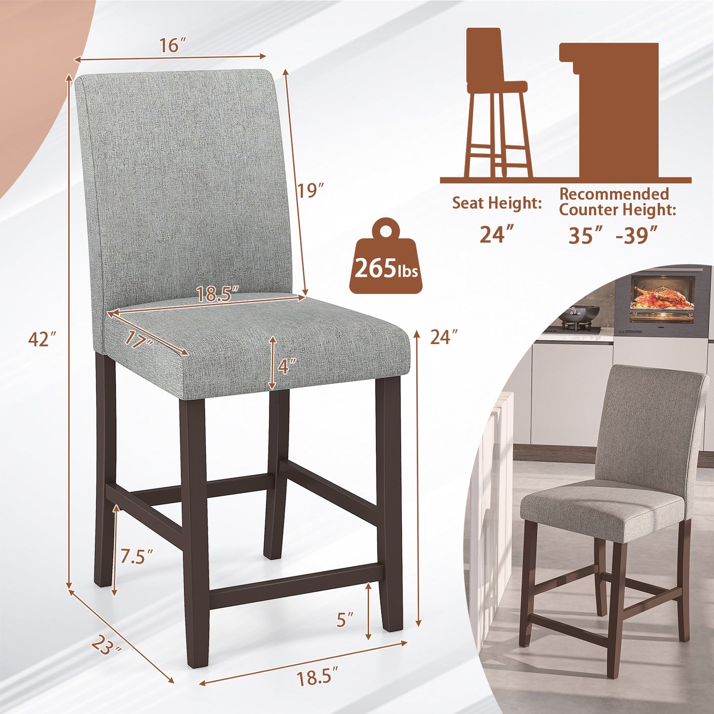 Set of 2 Upholstered 25 Inch Counter Height Bar Stools with Wood Legs - Grey