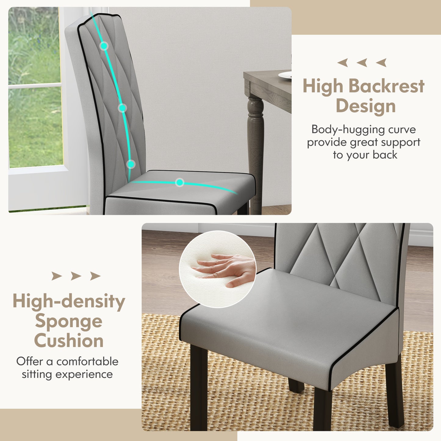 Modern Dining Chair with High Backrest and High-Density Cushion for Ultimate Comfort - Light Grey