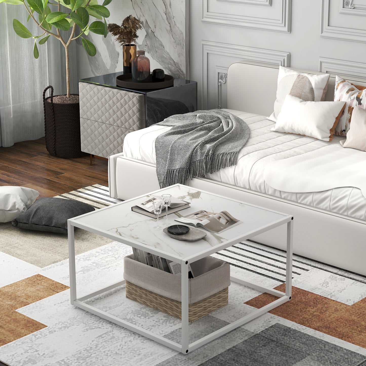 Chic Faux Marble Square Coffee Table with Steel Frame in White Finish