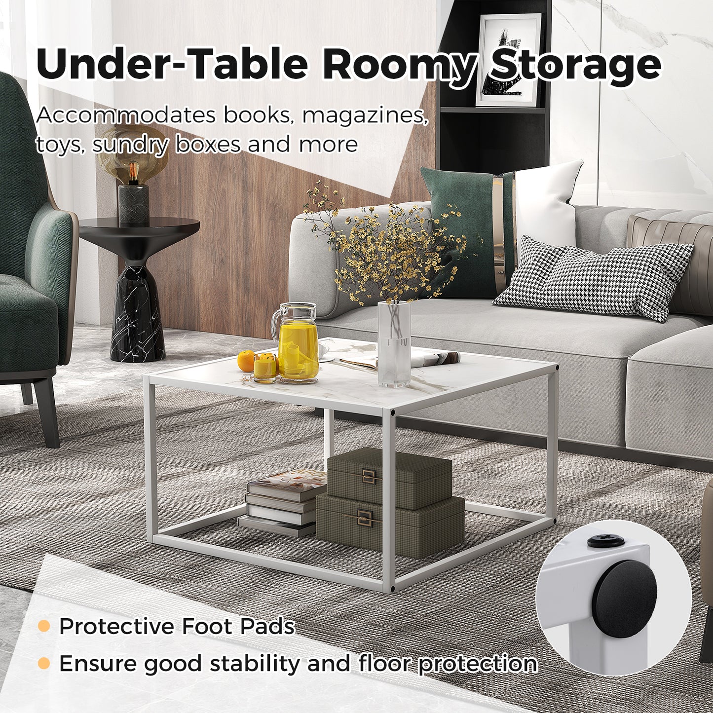 Chic Faux Marble Square Coffee Table with Steel Frame in White Finish