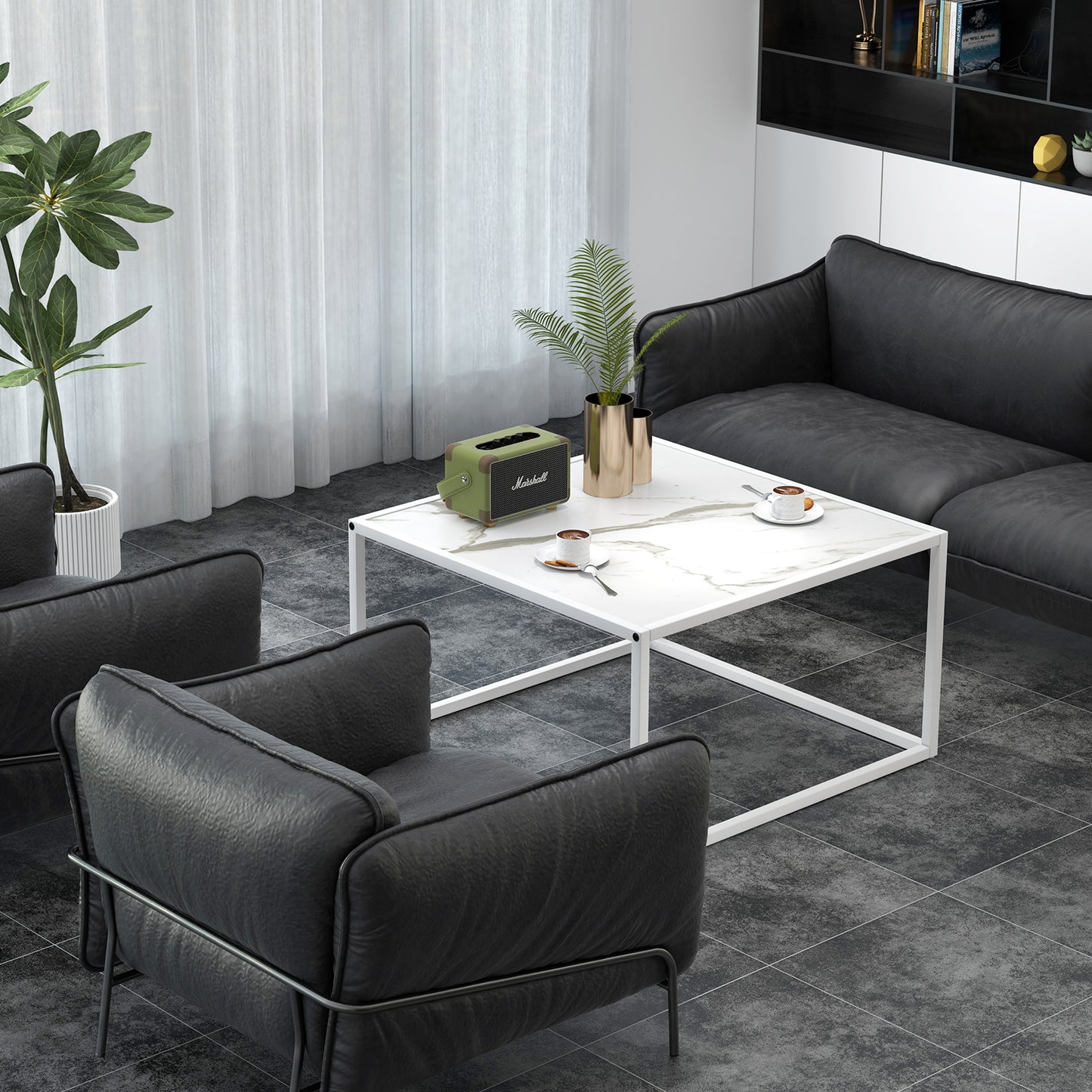 Chic Faux Marble Square Coffee Table with Steel Frame in White Finish
