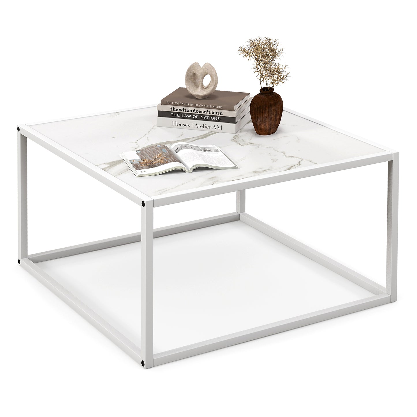 Chic Faux Marble Square Coffee Table with Steel Frame in White Finish