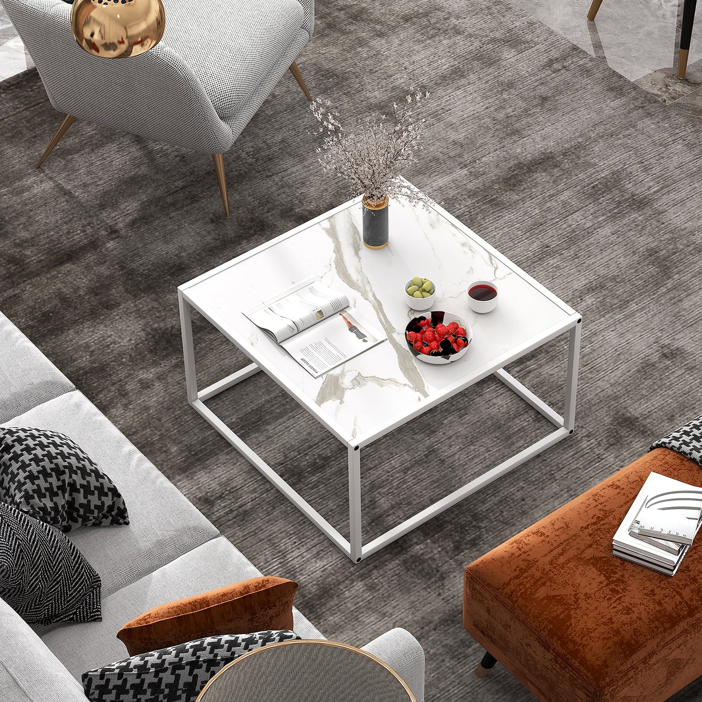 Chic Faux Marble Square Coffee Table with Steel Frame in White Finish