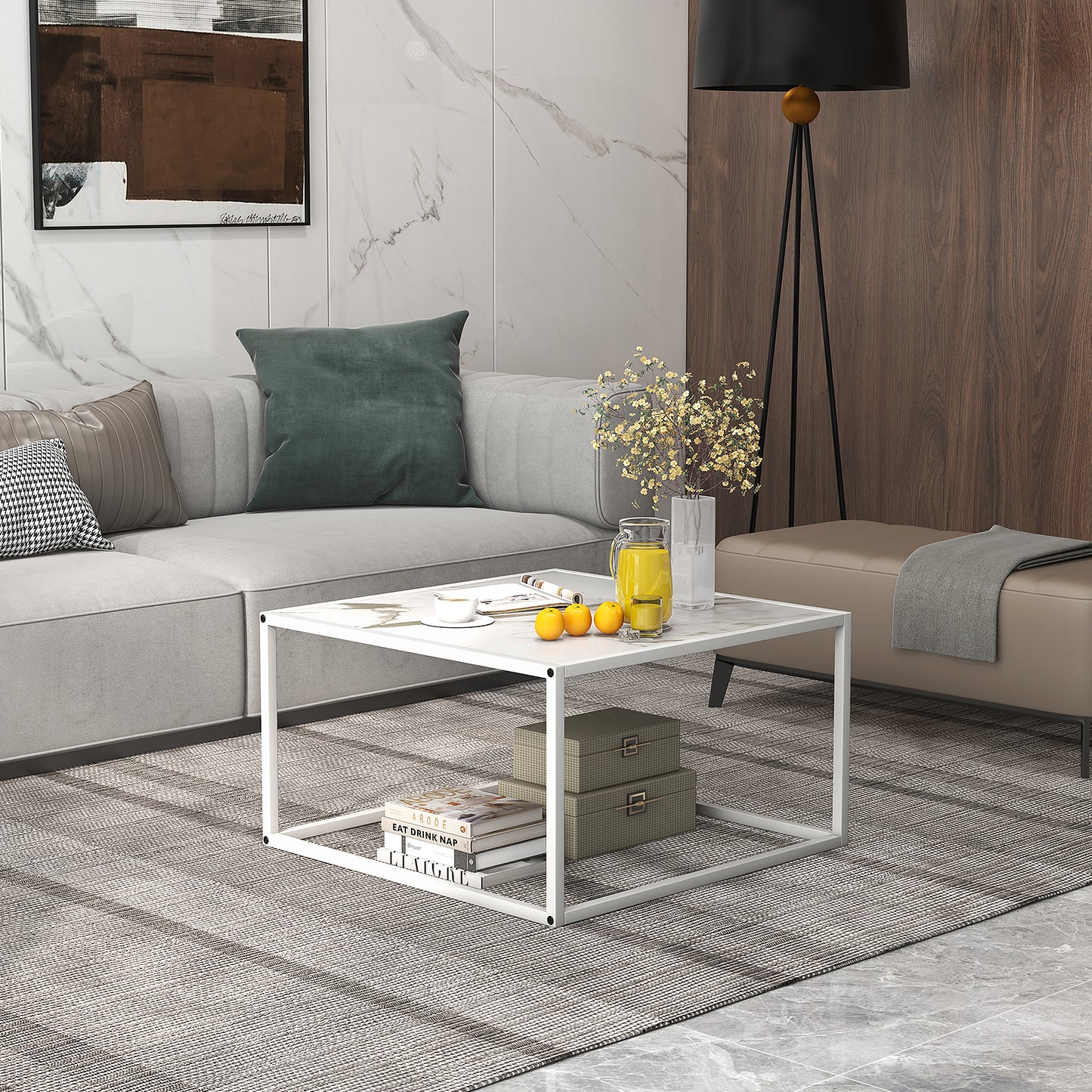 Chic Faux Marble Square Coffee Table with Steel Frame in White Finish