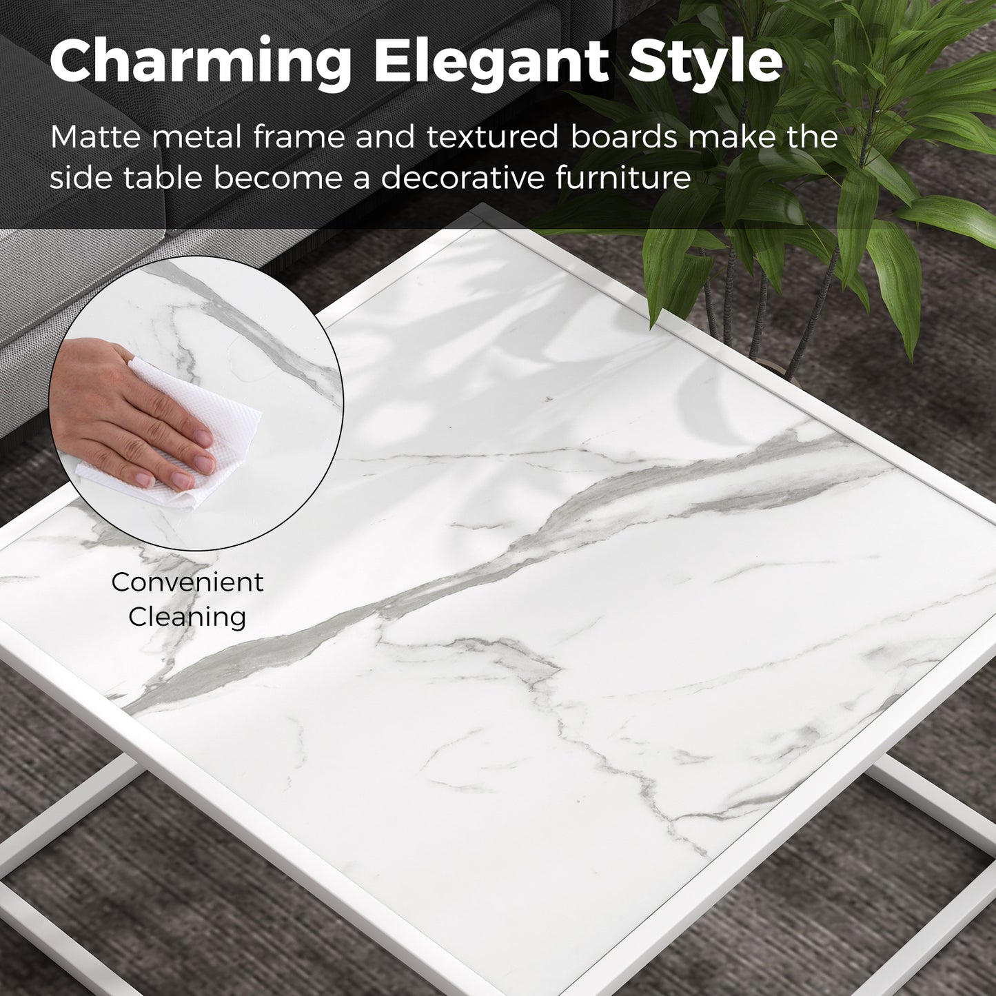 Chic Faux Marble Square Coffee Table with Steel Frame in White Finish