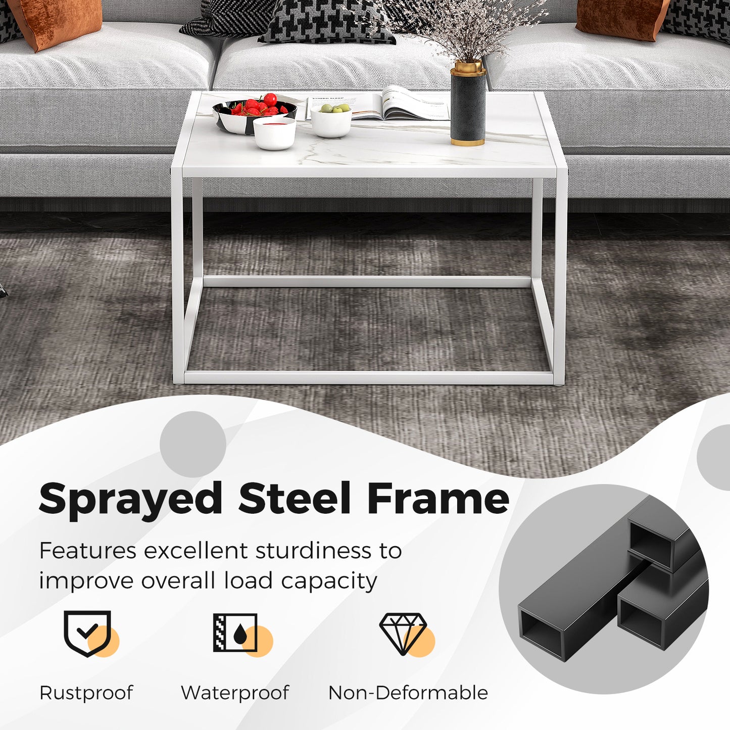Chic Faux Marble Square Coffee Table with Steel Frame in White Finish